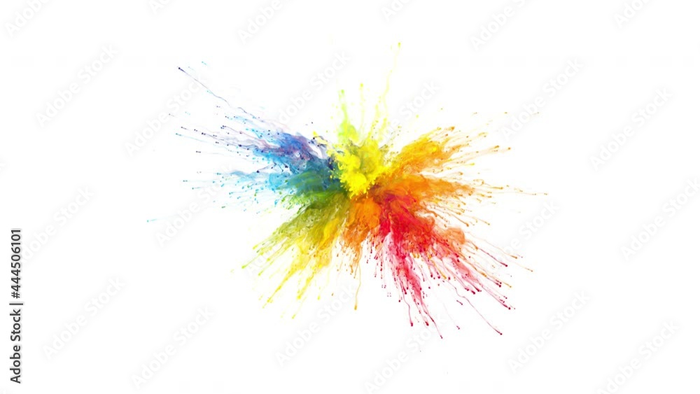 Color Burst iridescent multicolored colorful rainbow smoke powder explosion. Fluid ink particles slow motion alpha matte isolated on white