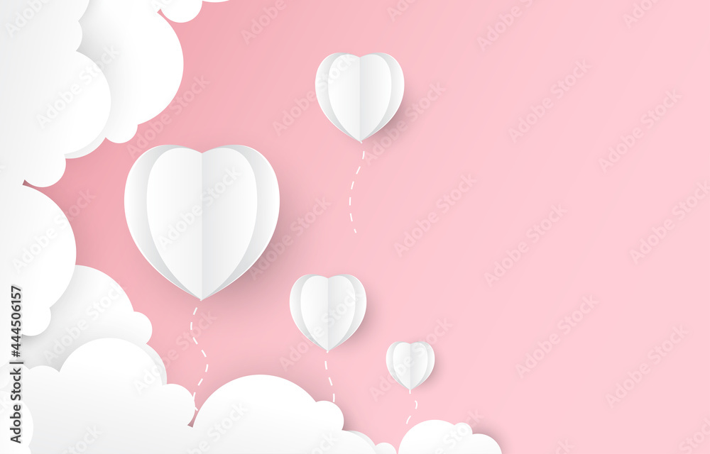 Pink pastel wallpaper.White hearts balloon paper cut.Valentine concept 