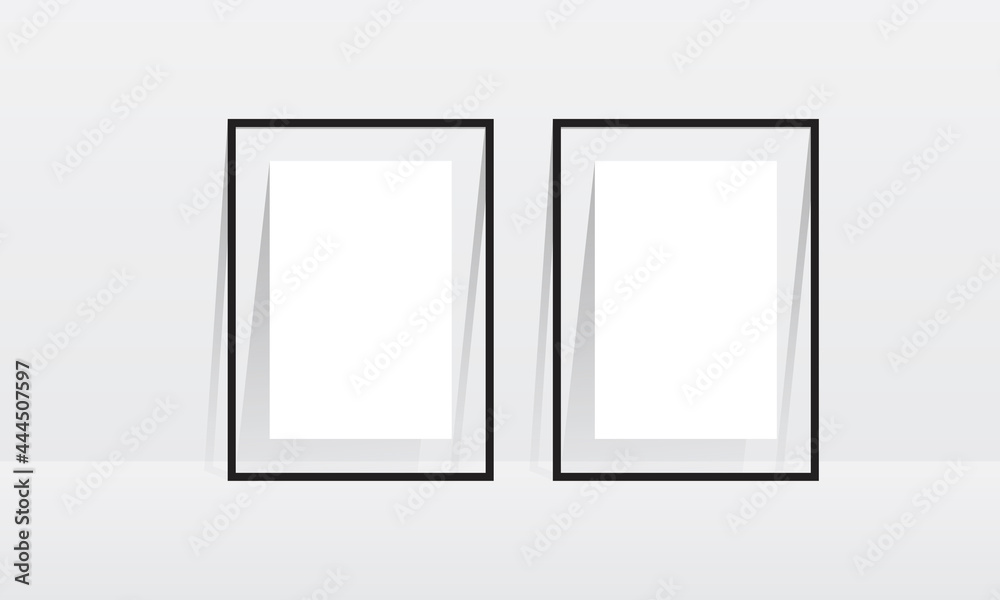 two vertical black thin empty frame mockup on wall 3d illustration two vertical black thin empty frame mockup on wall 3d illustration