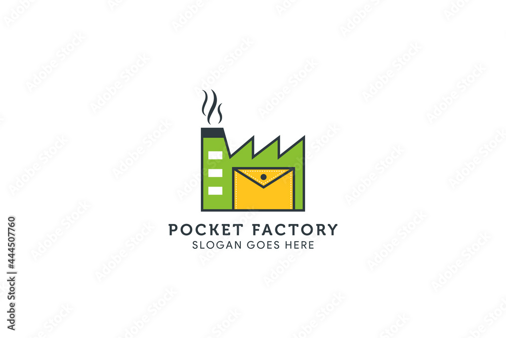 pocket factory logo design template use yellow and green colors. modern line style. doodle style isolated on white background.