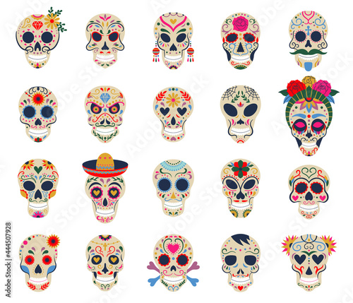 Day of the dead skulls. Dia de los muertos traditional mexican sugar human head bones vector symbols set. Dead day skulls with flowers decoration