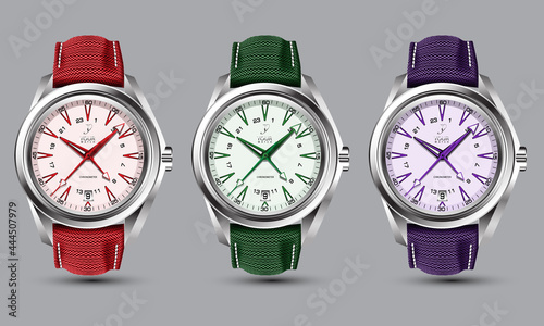 Realistic clock watch silver red green purple strap collection on grey design classic luxury vector illustration.