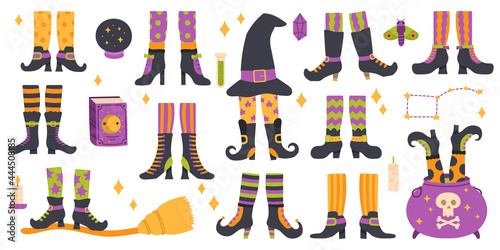 Halloween witch legs. Funny witch legs in striped socks and boots, witchcraft cauldron and hat vector symbols set. Scary halloween witch legs