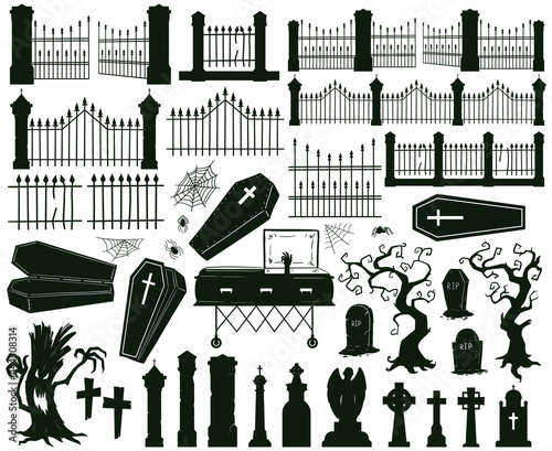 Halloween graveyard silhouettes. Creepy gravestones, tombstones and scary fences vector illustration set. Halloween graveyard spooky silhouettes