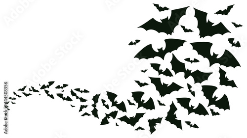 Flying halloween bats silhouettes. Bats flock flying wave, vampire flying winged spooky animals vector background illustration. Creepy halloween bats flock