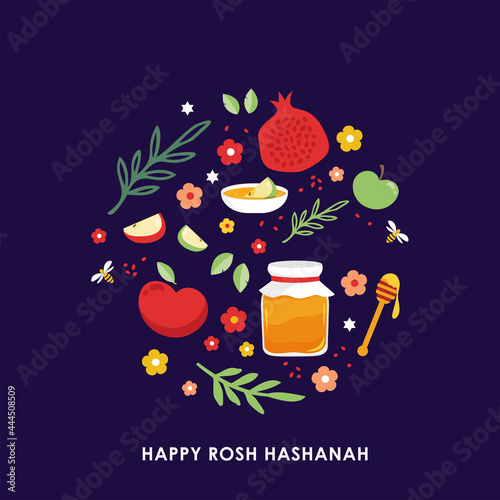 jewish new year, rosh hashanah, greeting card with traditional icons. Happy New Year. Apple, honey, pomegranate, flowers and leaves, Jewish New Year symbols and icons. Vector illustration