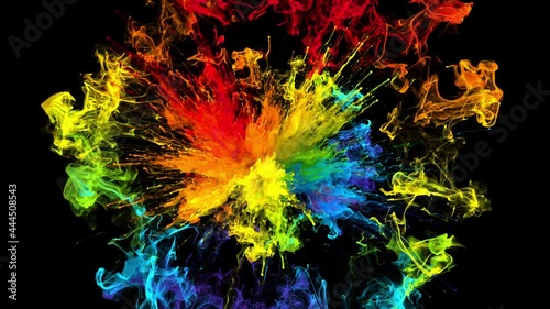 Color burst - colorful smoke powder circle particle explosion. Iridescent multicolored pulsating shockwave rainbow particles in slow motion. Fluid ink alpha matte isolated on black 4k