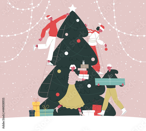 People decorate Christmas tree. Happy friends decorating Christmas fir tree together cartoon vector illustration. Xmas winter holiday preparation