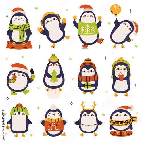 Christmas penguins. Cute holiday winter penguins wearing hat and scarf isolated vector illustration set. Hand drawn xmas penguin characters