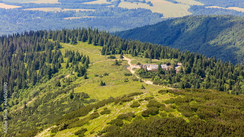 View of mountain hut in renovation from above. Chata pod Chlebom, Mala Fatra photo