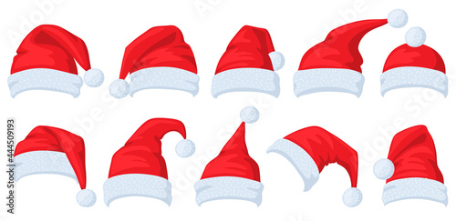 Santa Claus hat. Cartoon red Santa hats, xmas masquerade costume elements vector illustration set. Christmas holiday hats