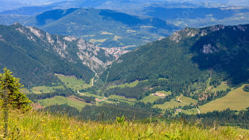 View of a rocky mountain pass from a mountain meadow. Vratna dolina, Tiesnavy, Mala Fatra