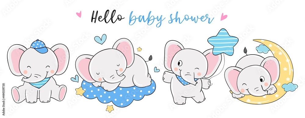 Draw elephant boy for baby shower Doodle cartoon style