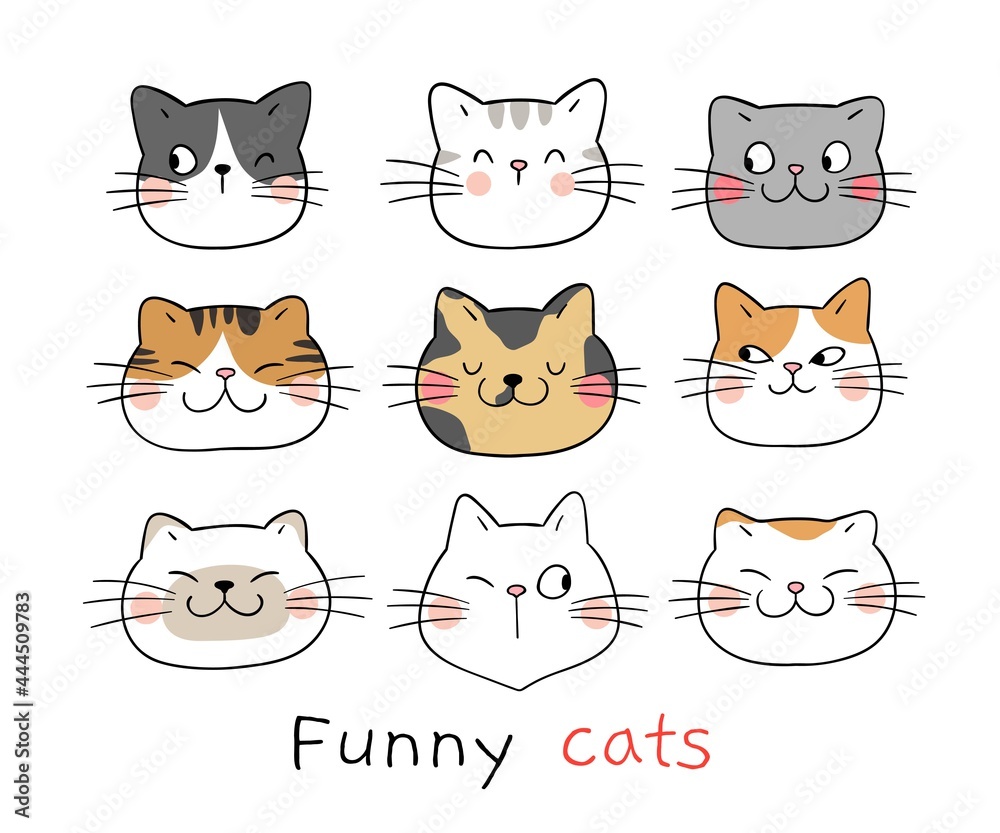 Draw doodle funny face cat Cartoon style Stock Vector | Adobe Stock Draw doodle funny face cat Cartoon style Stock Vector | Adobe Stock