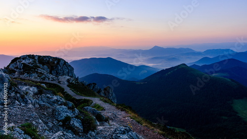 Beautiful morning landscape during sunrise from above. Velky Rozsutec, Mala Fatra.