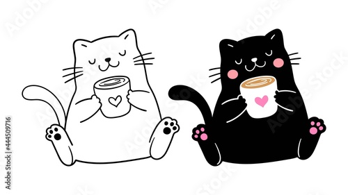 Draw black cat with coffee Printable shirt for cutting file
