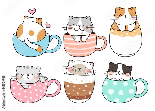 Draw collection cat sleeping in cup of coffee Doodle cartoon style