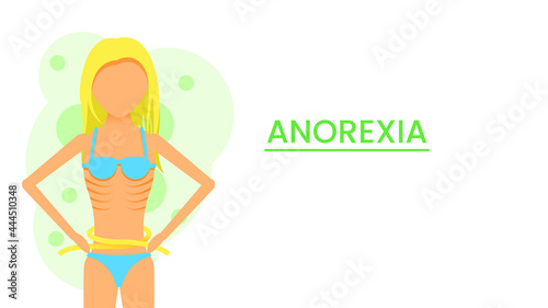 Abstract Flat Woman Skinny Girl WIth Measuring Tape Measures The Waist In Panties And Bra Grabbed Her Head Cartoon People Character Concept Illustration Vector Design Style Lack Of Weight Anorexia