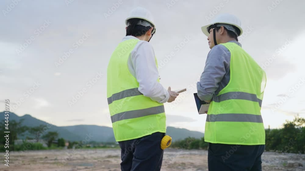 Asian workers people wearing safety protective work wear onsite of construction field, analyzing possibility from designed structure on blueprint by using computer program, happy teamwork Asian workers people wearing safety protective work wear onsite of construction field, analyzing possibility from designed structure on blueprint by using computer program, happy teamwork