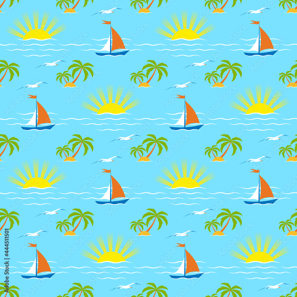 Sailboat on the waves, palms with seagulls and the bright sun on a blue background. Seamless background. Cute marine pattern for fabric, clothing, textile, wrapping paper. Vector, illustration