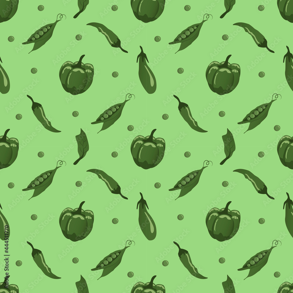 vector seamless pattern with peppers, green peas and zucchini on a green background. pattern for printing on fabric, kitchen textiles vector seamless pattern with peppers, green peas and zucchini on a green background. pattern for printing on fabric, kitchen textiles