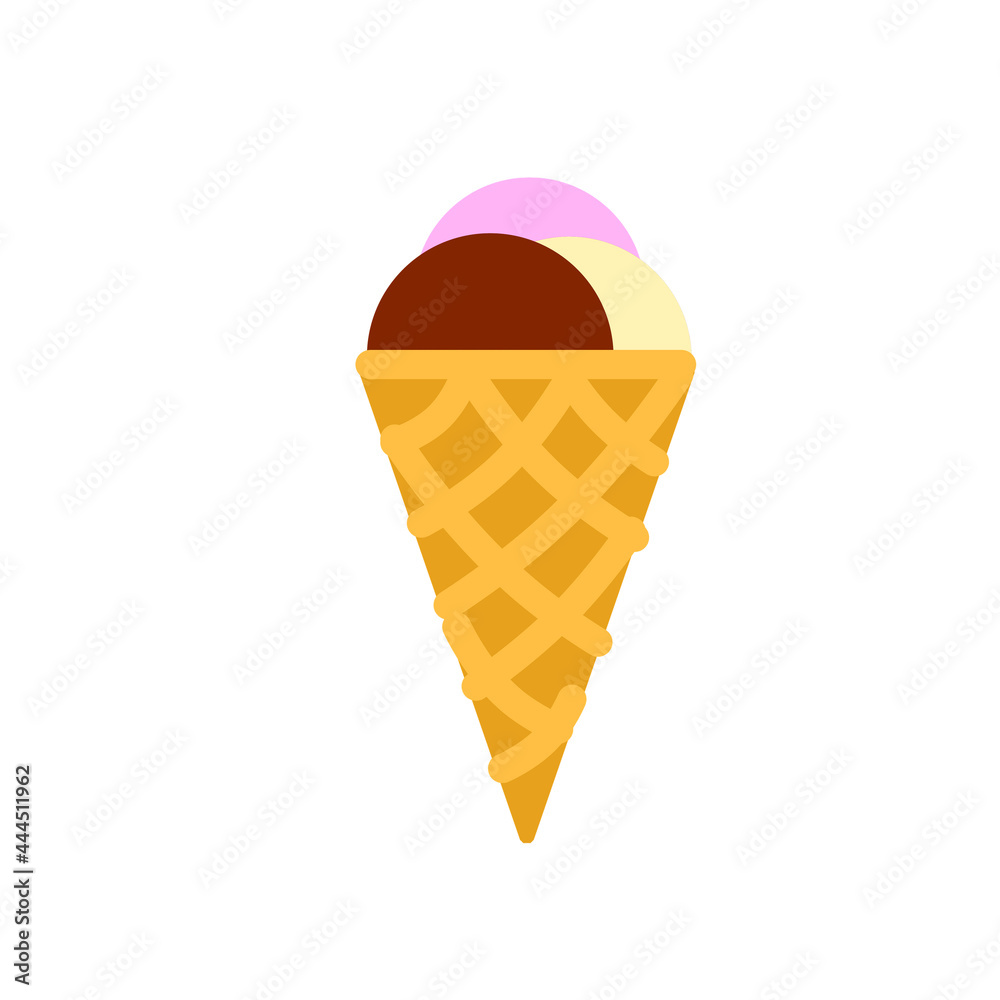Ice cream cone. Sweet dessert with vanilla creme brulee and chocolate balls. Cold food. Flat cartoon illustration Ice cream cone. Sweet dessert with vanilla creme brulee and chocolate balls. Cold food. Flat cartoon illustration