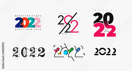 Set of creative concept logo design of 2022 Happy New Year posters. Templates with typography logo 2022 for celebration and season decoration. Minimalist trendy for branding, cover, card, banner.