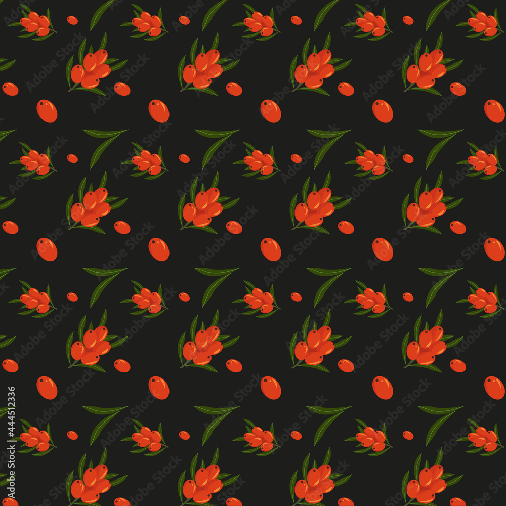 Seamless sea buckthorn. Template. A sprig of sea buckthorn. For wrapping paper and fabric prints. Vector. For covers, packaging designs, labels, menus, wall art and print. Seamless sea buckthorn. Template. A sprig of sea buckthorn. For wrapping paper and fabric prints. Vector. For covers, packaging designs, labels, menus, wall art and print.