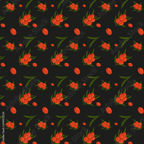 Seamless sea buckthorn. Template. A sprig of sea buckthorn. For wrapping paper and fabric prints. Vector. For covers, packaging designs, labels, menus, wall art and print.