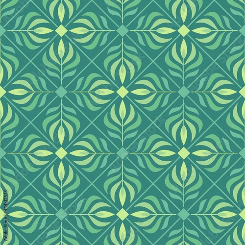 Seamless geometric pattern with simple floral shapes, bunches of leaves, diagonal grid, thin lines. Green colors. Vector.