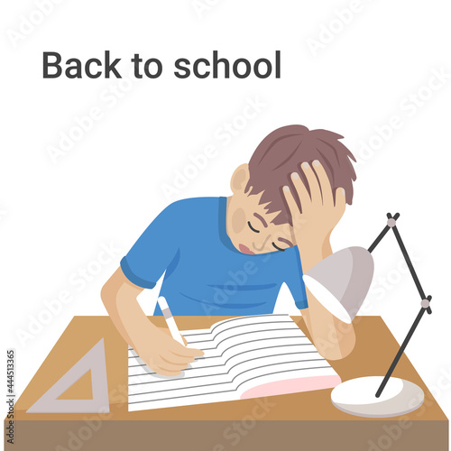 A boy doing his homework on the desk isolated vector illustration.