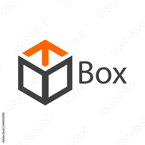 Logotipo con texto Box con caja de cartón con flecha con lineas en color gris y naranja