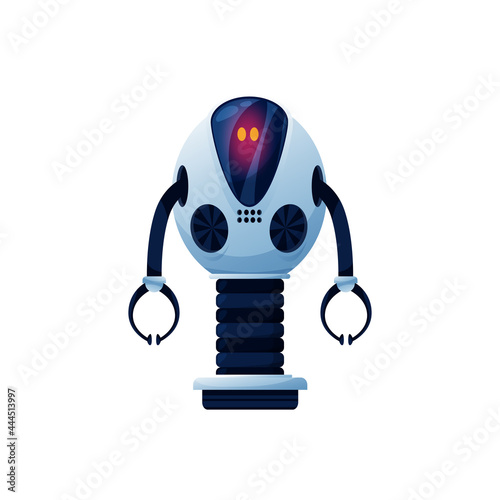 Automation machine loader isolate robot with grabs realistic icon. Vector robot with regulating high stand, mechanical automation. Manufacturing cyber android, smart cyborg with metal captures