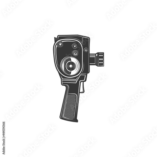 Film production and photo shooting tool, retro motion picture object isolated monochrome icon. Vector film making device photo camera, cinema shooting equipment, manual photo cam in retro style