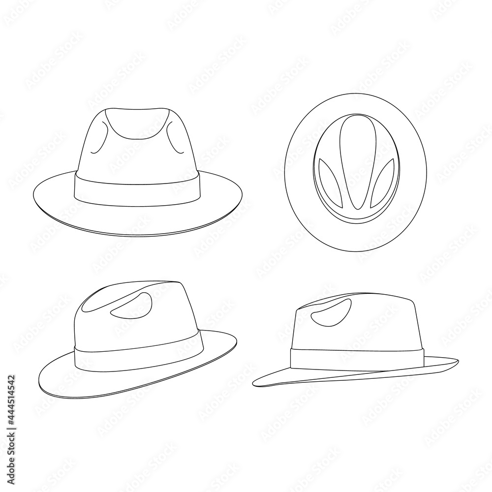 Template fedora hat vector illustration flat sketch design outline headwear - obrazy, fototapety, plakaty 