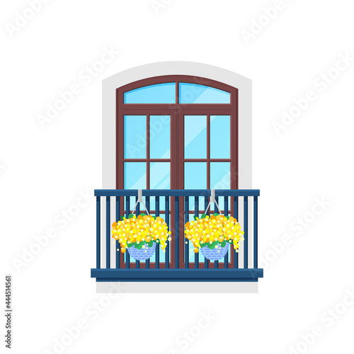 Balcony window, house building facade with porch, vector modern or vintage banister. Balcony flat icon with arch glass windows, door and flowers on railing of wrought lattice of veranda terrace