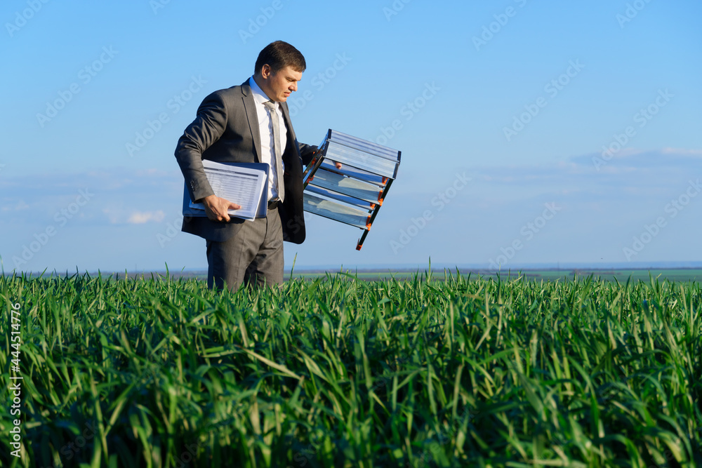 businessman poses in a green field, he goes with the documents and ladder, freelance and business concept, green grass and blue sky as background businessman poses in a green field, he goes with the documents and ladder, freelance and business concept, green grass and blue sky as background