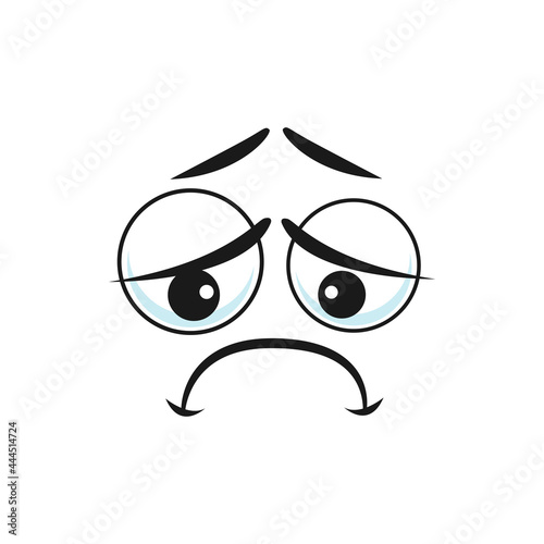Depressed sad upset emoticon character emoji isolated icon. Vector bored smiley with depressed big eyes looking down. Unhappy emoji with offended sorrow expression, sadness, mourning and grief