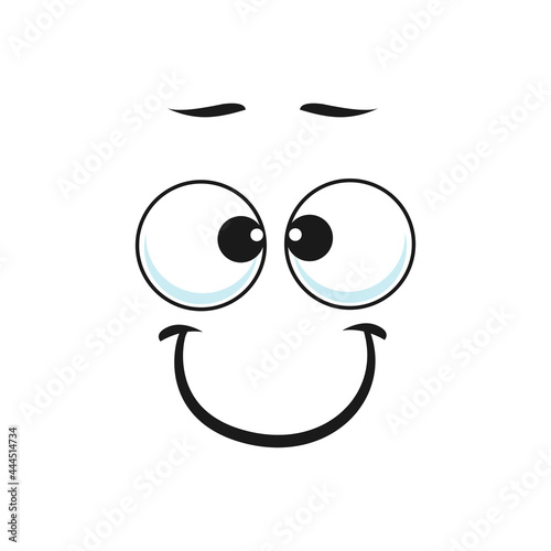 Emoji shy expression isolated kind emoticon with rolled together eyes. Vector funny easygoing emoji with sincere smile, amiable pleasant manner smiley. Good-tempered or well-natured face expression