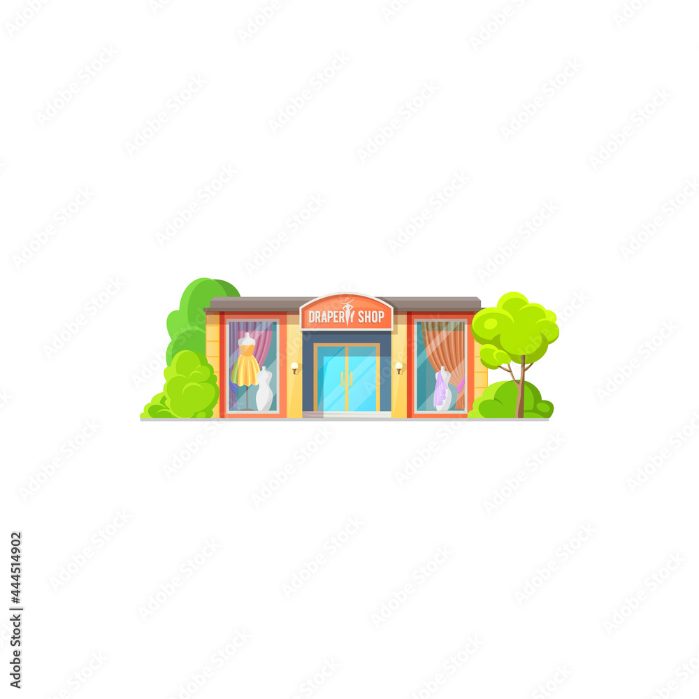 Facade exterior of drapery store isolated shop building flat cartoon design. Vector curtains and tulle textiles, showroom of silk and cotton draperies, luxury showcase with drapes in windows