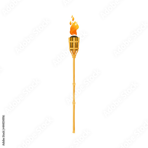 Torch fire flame, Medieval ancient burning lamp, vector icon. Torch on wood bamboo stick, tribal fire lantern, Hawaii tiki burning flambeau or torchlight fire on wood pipe photo
