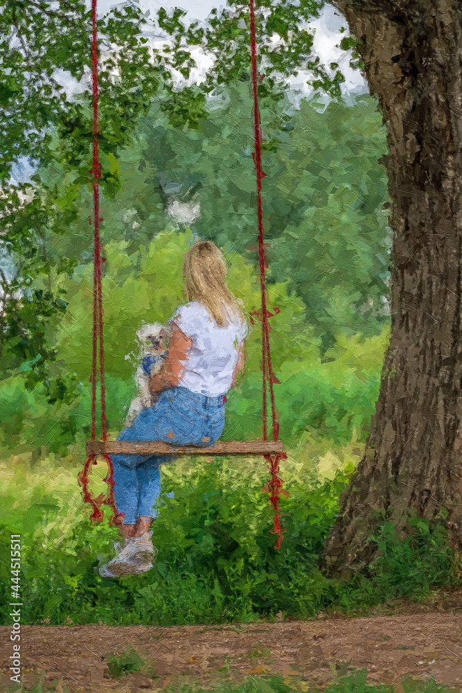 Young woman with a white dog on a tree swing. Multicolored texture painting