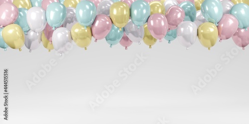 3D Rendering concept of Background for birthday, anniversary, wedding, holiday congratulation banners. Colorful pastel balloons floating on white background room studio. 3D render. 3D illustration. 