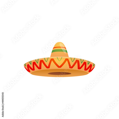 Mexican sombrero hat, festive cap vector icon. Spanish headwear for Mexico cinco de mayo festival. Isolated cartoon traditional costume straw headdress for celebration with zigzag ornament