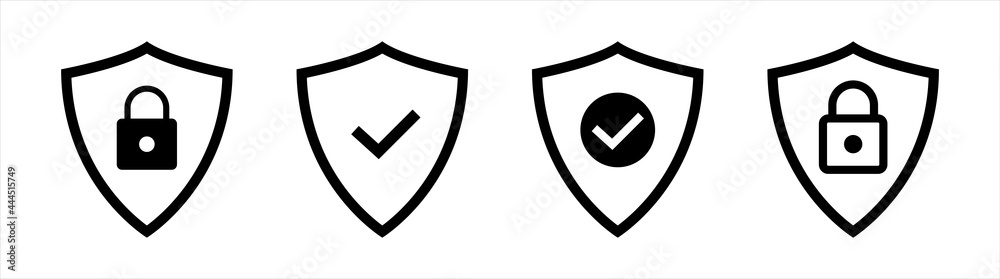 Shield with padlock and check mark. Strong protection tick shield. Protection approve sign. Tick mark approved. Vector Illustration. Shield with padlock and check mark. Strong protection tick shield. Protection approve sign. Tick mark approved. Vector Illustration.