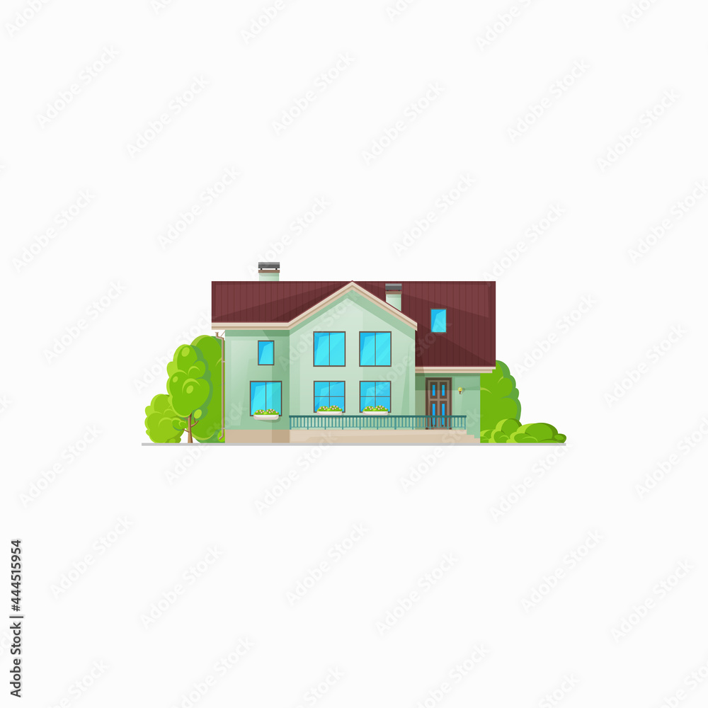 Real estate building, cottage country house with chimney isolated. Vector country house with mansard, entrance door and balcony veranda. Urban private home, country house, villa or private home