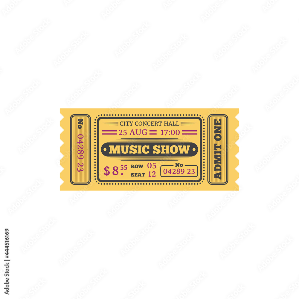 Ticket to music show in central music hall isolated retro card. Vector admit one on live music play on stage, performance with orchestra music in city hall. Vintage retro card on virtuoso show Ticket to music show in central music hall isolated retro card. Vector admit one on live music play on stage, performance with orchestra music in city hall. Vintage retro card on virtuoso show