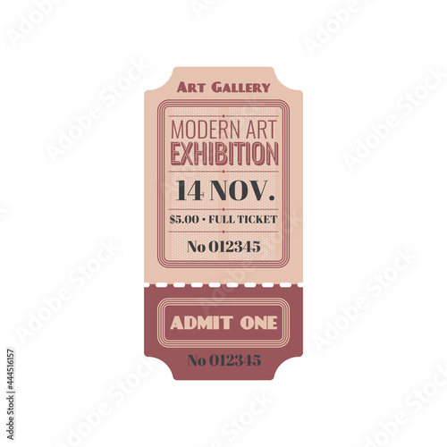 Full ticket to modern art exhibition isolated retro paper card. Vector invitation on excursion or museum, admit one, mention of date and price. Voucher access to art gallery, single entry with number