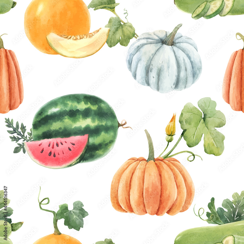 Beautiful vector seamless pattern with cute watercolor hand drawn melon watermelon and pumpkin vegetables. Stock illustration.