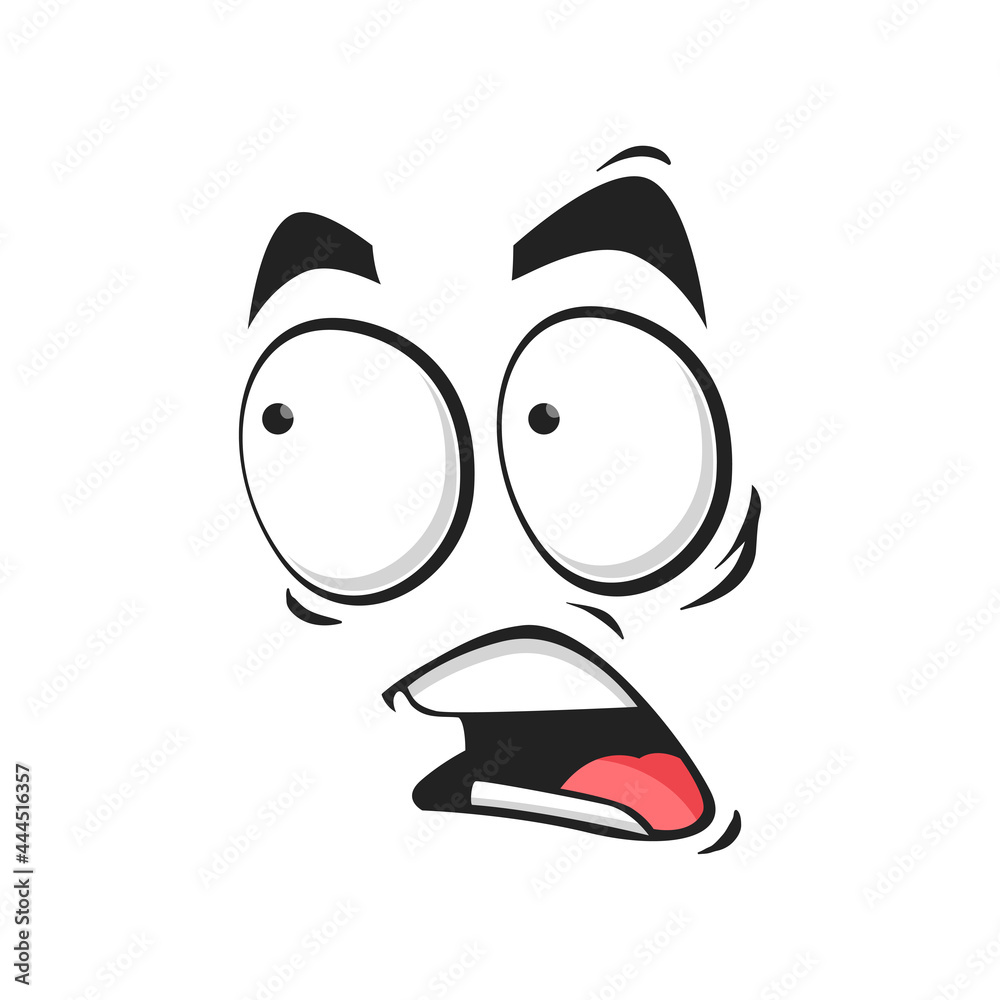 Cartoon face frightened emoji, vector scared facial expression with wide  open or goggle eyes and yelling mouth. Fear or worry feelings isolated on  white background Stock Vector | Adobe Stock